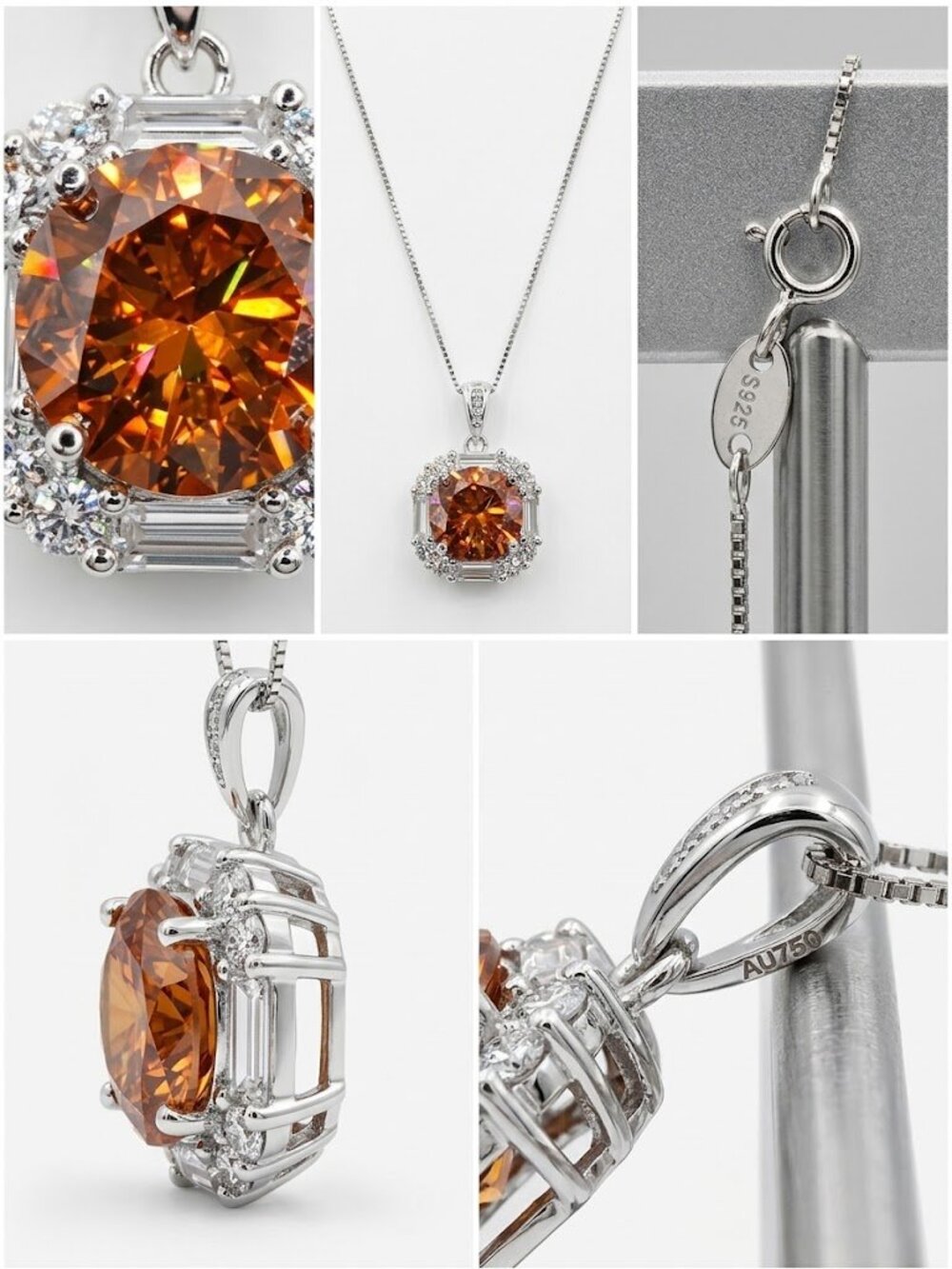 925 Sterling Silver 18" White Gold 7CT Cognac Moissanite Halo Necklace